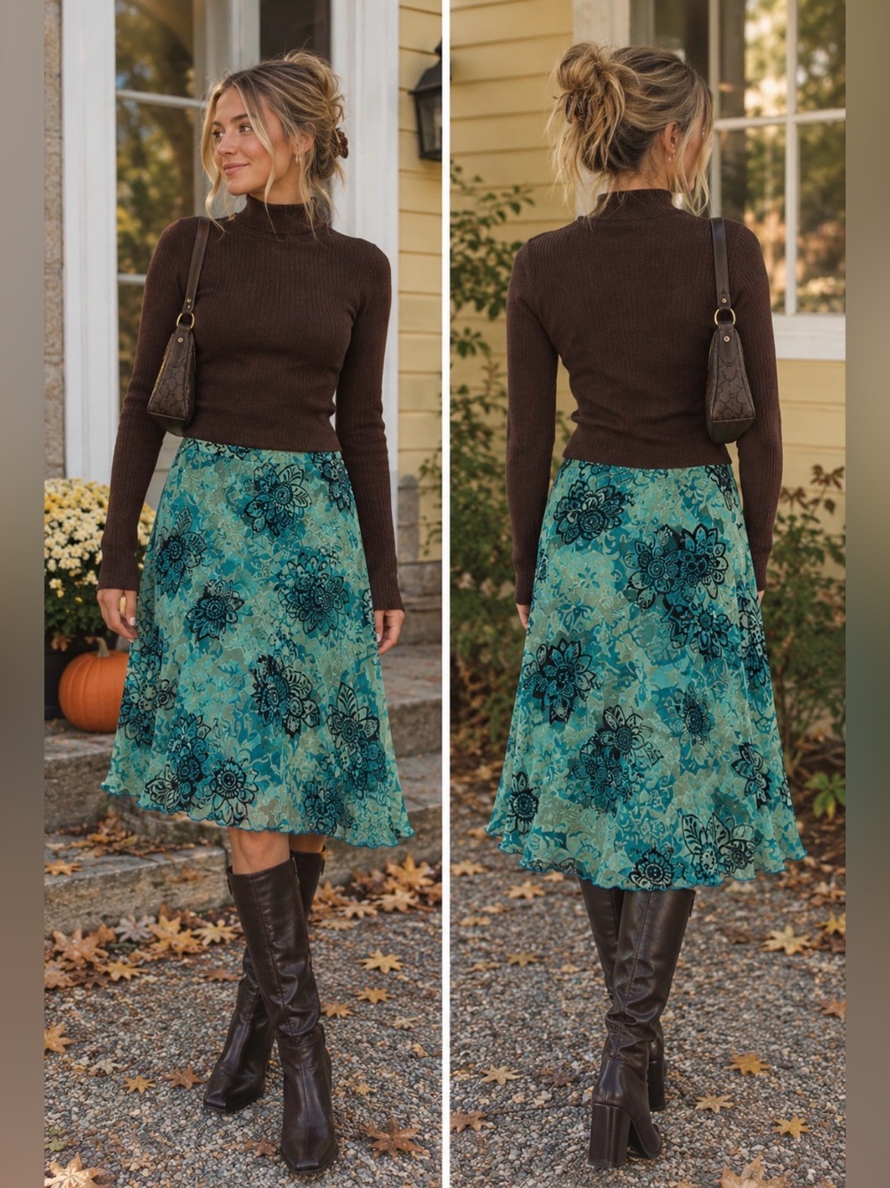 Vintage Y2K Teal/Green Floral Midi Skirt 🩵